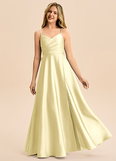 Azazie Rumi Junior Linia A Pofałdowany Satyna elastyczna Długość podłogi Młodsza druhna Sukienka image1