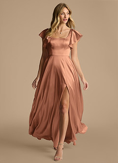 Azazie Bondi Robes de demoiselle d'honneur Robe Trapèze en Satiné métallisé Arc Bronze image6