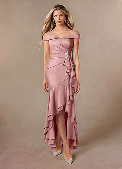 Azazie Billings Moeder van de bruid jurken Zeemeermin Jurk van Stretch Satijn Off the Shoulder Stoffige Roos image5