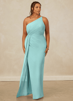 Christian Siriano Bridal for Azazie 1003 Bridesmaid Dresses Aqua Sheath One Shoulder Chiffon Dress image10