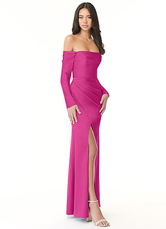 Azazie Hallie Brudtärnklänningar Klänning av Tubklänning i Stretch Satin Off-The-Soulder långärmad Fuchsia Konvertibel image5