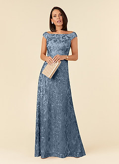 Azazie Porcelain Mother of the Bride Dresses Dusty Blue A-Line Off the Shoulder Lace Dress image3