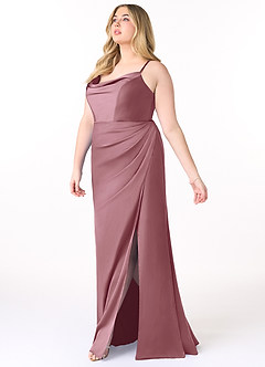 Azazie Marzia Bridesmaid Dresses Vintage Mauve Sheath Cowl Pleated Stretch Satin Dress image9