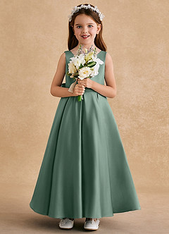 Azazie Honey Bear Flower Girl Dresses Eucalyptus A-Line Pleated Matte Satin Dress image3
