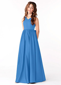 Azazie Hathaway Junior Blue Jay A-Line Bow Matte Satin Dress image3