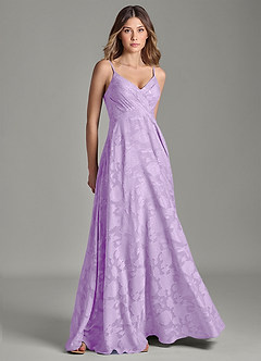 Azazie Amani 신부 들러리 드레스 A라인 주름진 플로럴 번아웃 바닥 길이 드레스 image1