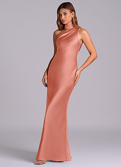 Azazie Seona Robes de demoiselle d'honneur Robe Sirène en Satin extensible Une épaule Corail image6