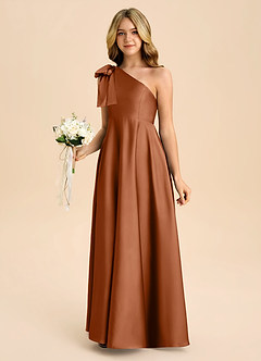 Azazie Penguin Junior A라인 절하다 스트레치 새틴 플로어 길이 주니어 신부 들러리 드레스 image5