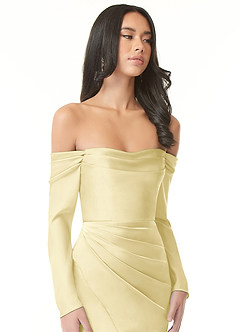 Azazie Hallie Bridesmaid Dresses Lemon Sorbet Mermaid Off-The-Shoulder Long Sleeve Stretch Satin Convertible Dress image1