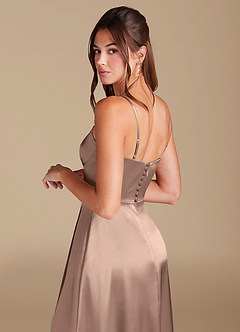 Azazie Halsey Bridesmaid Dresses Taupe A-Line Side Slit Metallic Satin Dress image2