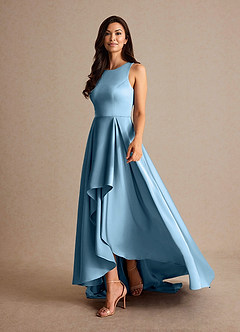 Azazie Niles Mother of the Bride Dresses Steel Blue A-Line Trains Stretch Satin Dress image3