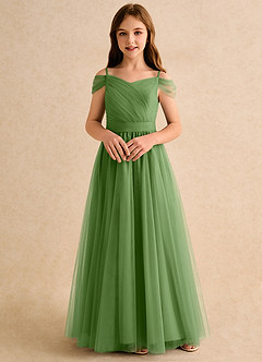Azazie Yuna Girls Formal Flower Girl Dresses Basil A-Line Off the Shoulder Tulle Dress image4