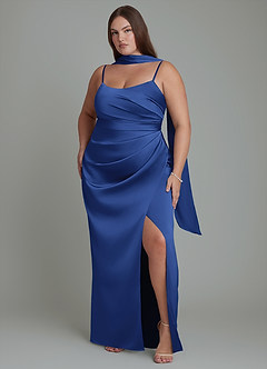 Azazie Calandra Bridesmaid Dresses Royal Blue Sheath Pleated Stretch Satin Dress image6