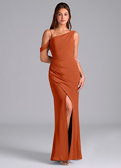 Azazie Madelyn Bridesmaid Dresses Burnt Orange Mermaid Off the Shoulder Chiffon Convertible Dress image3