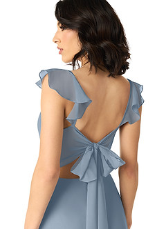 Azazie Everett Robes de demoiselle d'honneur Robe Trapèze en Mousseline de soie Col V froncé Bleu Poussiéreux image5