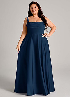 Azazie Shaude Bridesmaid Dresses Dark Navy A-Line Pleated Stretch Satin Dress image12