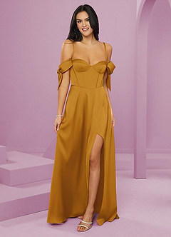 Barbie ♥ Azazie Bridesmaid Dresses Butterscotch A-Line Off the Shoulder Stretch Satin Dress image13