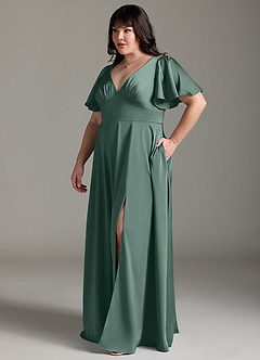 Azazie Kimber Bridesmaid Dresses Eucalyptus A-Line Ruched Stretch Satin Dress image10