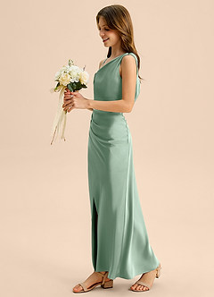 Azazie Madelyn Junior Osłona Zza ramienia Satyna elastyczna Długość podłogi Młodsza druhna Sukienka image3