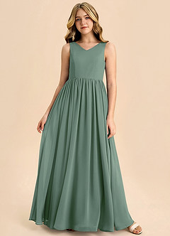 Azazie Hathaway Junior Eucalyptus A-Line Bow Chiffon Dress image3