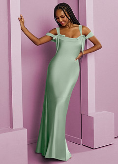 Barbie ♥ Azazie Jurken voor bruidsmeisjes Jurk van Stretch Satijn met Kolom Geplooid Agave image5