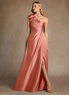 Azazie Easton Mother of the Bride Dresses Salmon Pink A-Line One Shoulder Stretch Satin Dress image4
