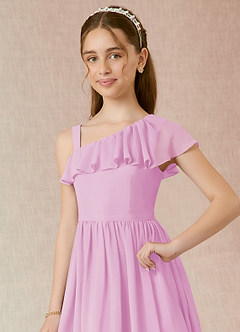 Azazie Mango Junior Abito A-Line in Chiffon Increspato Rosa Confetto image4