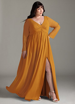 Azazie Teton Maternity Bridesmaid Dresses A-Line Long Sleeve Chiffon Floor-Length Dress image10