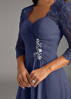 Azazie Devereaux Mère de la mariée Robes Robe Trapèze en Mousseline de soie Dentelle Bleu Orageux image5