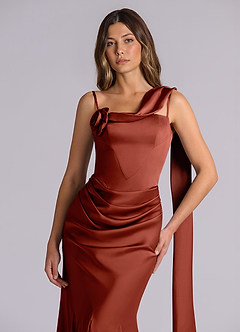 Azazie Inara At-home Try On Dresses Dark Green Mermaid Pleated Stretch Satin Dress image7