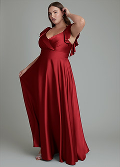 Azazie Leilani Robes de demoiselle d'honneur Robe Trapèze en Satin extensible Drapé Écarlate image14