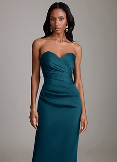 Azazie Sonora Vestidos de damas de honor Vestido de Azul Tinta de Satén Elástico de Corte Recto con Sin tirantes image5