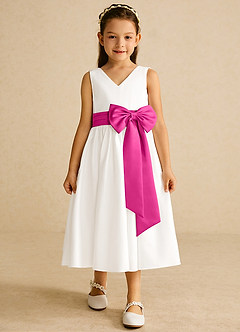 Azazie Darling Flower Girl Dresses Ivory Fuchsia A-Line Bow Cotton Dress image4