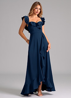 Azazie Lyra Bridesmaid Dresses Dark Navy A-Line Off the Shoulder Stretch Satin Convertible Dress image2