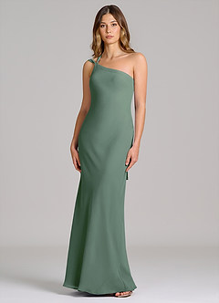 Azazie Monroe Vestidos de damas de honor Vestido de Eucalipto de Gasa de Corte Recto con Hombro unilateral image1