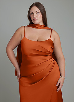 Azazie Calandra Bridesmaid Dresses Burnt Orange Sheath Pleated Stretch Satin Dress image8