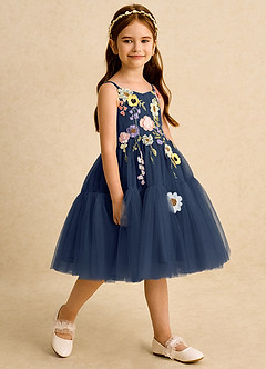 Azazie Osea Flower Girl Dresses Dark Navy Ball-Gown Pleated Tulle Dress image5