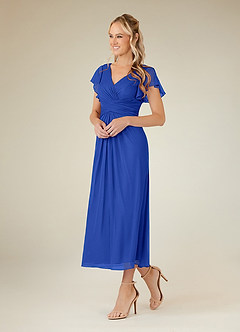 Azazie Vera Mother of the Bride Dresses Royal Blue A-Line V-Neck Pleated Mesh Dress image2