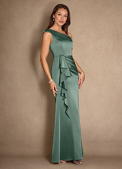 Azazie Hamptons Mother of the Bride Dresses Eucalyptus A-Line Pleated Stretch Satin Dress image3