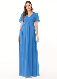 Azazie Verna Brautjungfernkleider für Schwangere A-Linie V-Hals Gerüscht Chiffon Bodenlänge Kleid image1