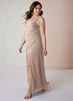 Azazie Leandra Bridesmaid Dresses Taupe Mermaid V-Neck Pleated Mesh Dress image9