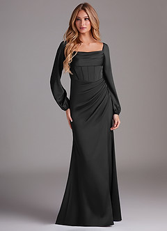 Azazie Charissa Bridesmaid Dresses Black Sheath Long Sleeve Stretch Satin Dress image3