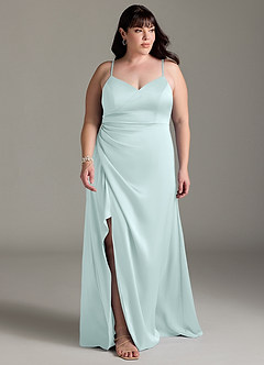 Azazie Marchella Bridesmaid Dresses Sea Glass A-Line Corset Stretch Satin Dress image7