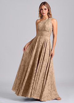 Azazie Charlize Robes de demoiselle d'honneur Robe Trapèze en Blumen-Burnout Une épaule Champagne image4