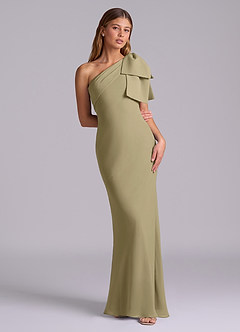 Azazie Yuanna Robes de demoiselle d'honneur Robe Sirène en Mousseline de soie Une épaule Vert Mousse image3