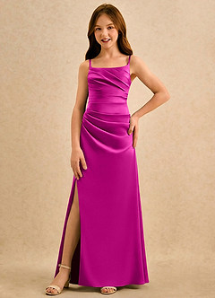 Azazie Cannoli Girls Formal Flower Girl Dresses Fuchsia A-Line Pleated Matte Satin Dress image3