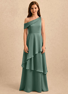 Azazie Shyloh Girls Formal Robe Demoiselle D'honneur Fillette Robe Trapèze en Satin extensible Épaule décolletée Eucalyptus image1