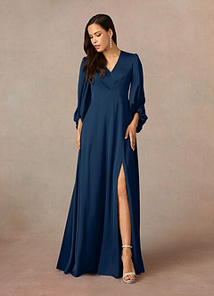 Azazie Luna Mother of the Bride Dresses Dark Navy A-Line Pleated Stretch Satin Dress image7