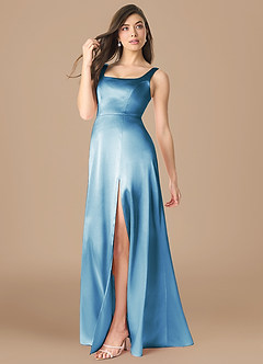 Azazie Joyce Bridesmaid Dresses Steel Blue A-Line Side Slit Metallic Satin Dress image3