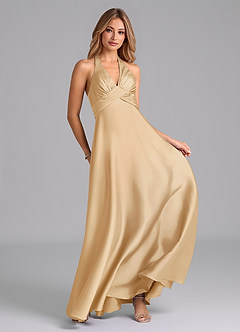 Azazie Tessie Suknie dla druhen Linia A Pofałdowany Satyna elastyczna Do ziemi Sukienka image4